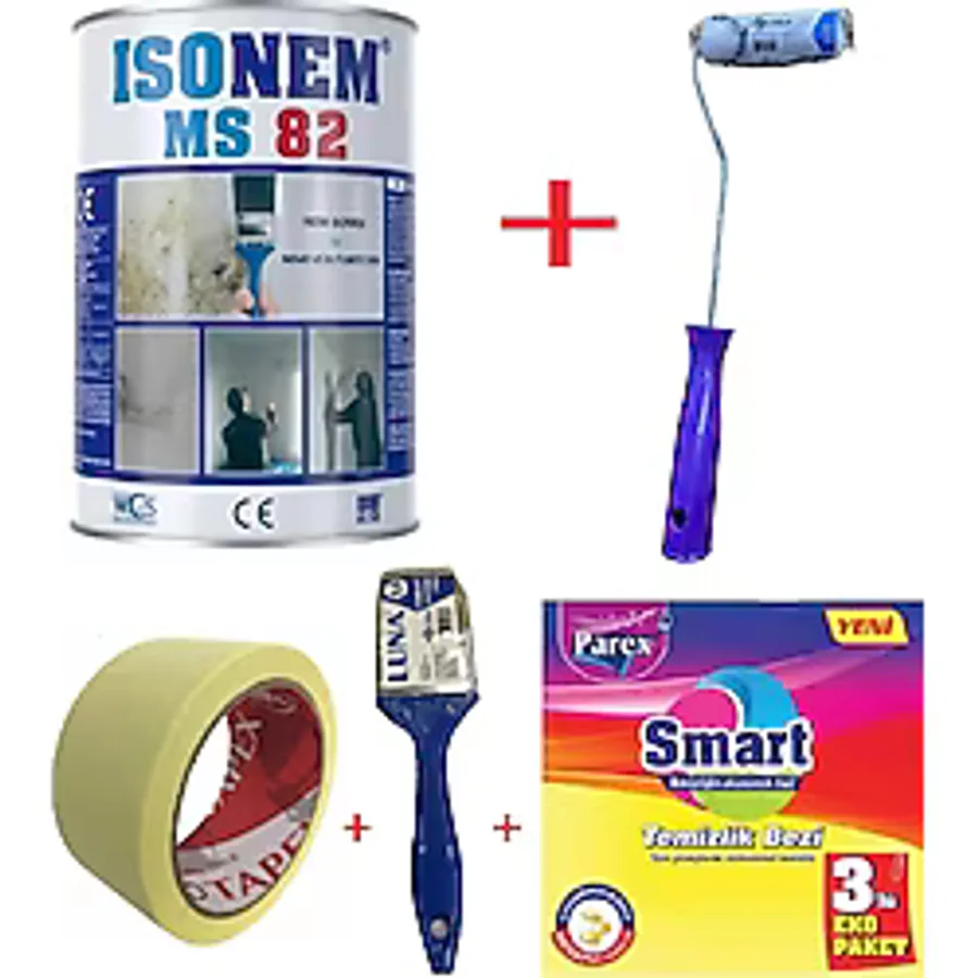 İsonem Ms 82 Nem ve Rutubet Küf Boyası + Izmir Fırça Epoksi Rulo 10 cm + 2.5 No Fırça + 3 cm Maskeleme Bandı + Temizlik Bezi - 1 Kg