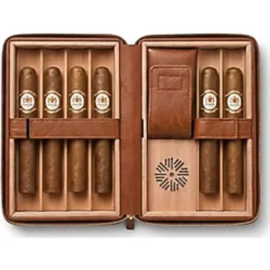 İspanyol Sedir Ağacı 6 Adet Kapasiteli Kahverengi Deri Puro Çantası Seyahat Tipi El Yapımı Puro Humidoru