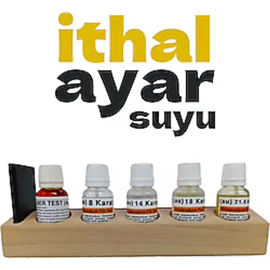 Ithal Premium Ayar Suyu 5'li Set (8K/14K/18K/21.6K + Gümüş + Mihenk Taşı) - Kuyumcu & Profesyonel Test Kiti + Ahşap Stand