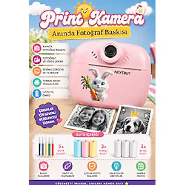 İTHALCİM Print Camera Çocuk Fotoğraf Makinesi Dijital HD Video Kamera Anlık Termal Resim Kağıt Baskılı Yazıcı