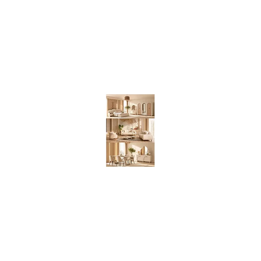 İyena Home Living Düğün Paketi Bohem Rena Ev Grubu ( Yatak Odası Takımı + Yemek Masası + 4 Sandalye + Konsol + Ayna + 3+3+1 Koltuk Takımı) Bohem Yaşam Paketi Bej