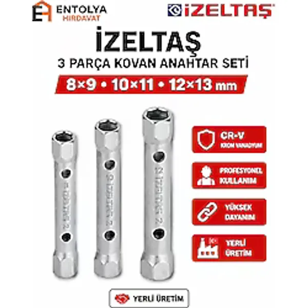 İzeltaş Kovan Anahtar Seti 3 Parça 8x9 10x11 12x13 mm Boru Anahtar Seti Entolya Hırdavat