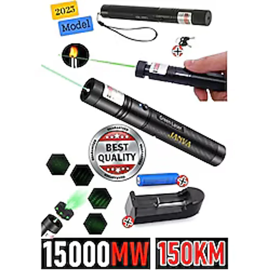 Janva Şarjlı Turbo Yeşil Lazer Pointer 15000 Mv Güçlü Kibrit Yakabilen 150KM Siyah Renkli