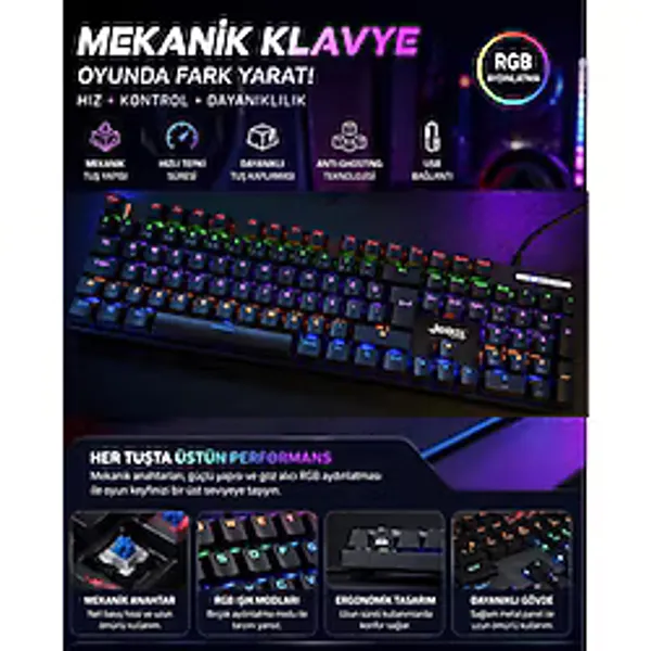 Jedel Blue Switch Tam Mekanik Antighosting Rgb Efekli Işıklı Oyuncu Klavye Q Türkçe Klavye