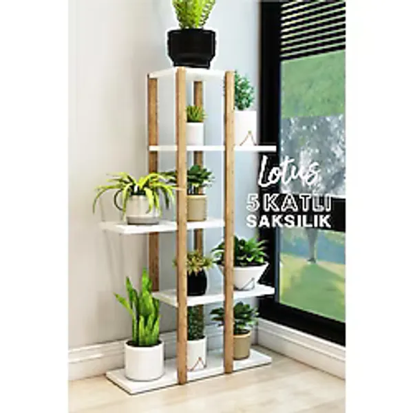 Jest Dekor Konsept Lotus Beyaz Ahşap 5 Katlı Çiçeklik, Saksılık, Çiçek Standı, Dekoratif Raf / Çok Amaçlı Kullanım