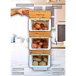 Jet's Home 3'lü Bambu-Beyaz Tekerlekli Patateslik Soğanlık Oyuncak Kutusu Patates Soğan Sepeti Sebzelik 36 Lt