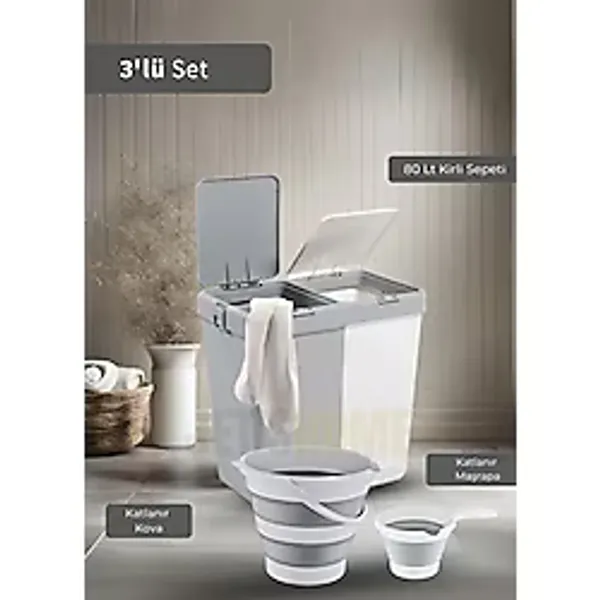 Jet's Home 3'lü Banyo Seti Çamaşır Sepeti Katlanır Kova Katlanır Maşrapa Bpa Free