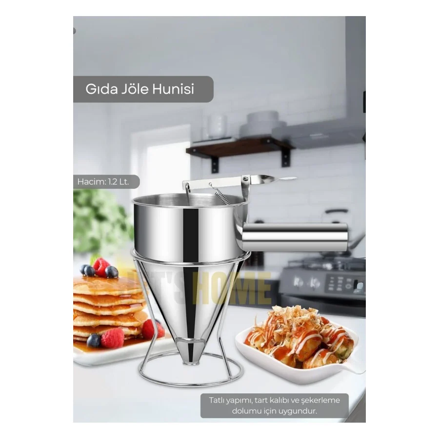 Jet's Home Gıda Jöle Hunisi Paslanmaz Hamur Dağıtıcı Standlı Krep ve Tatlı Porsiyonlayıcı Çelik 1.2 Lt.