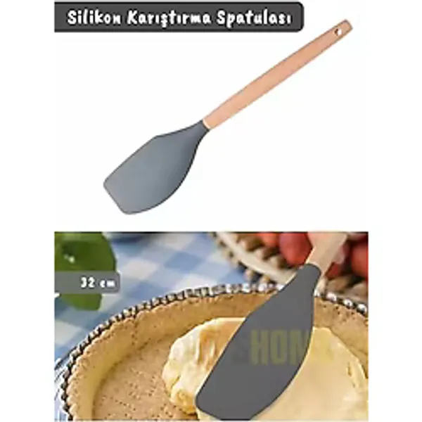 Jet's Home Silikon Karıştırma Spatulası Mutfak Kaşığı Pasta Spatulası Sıyırma Spatula Ahşap Saplı 32 cm