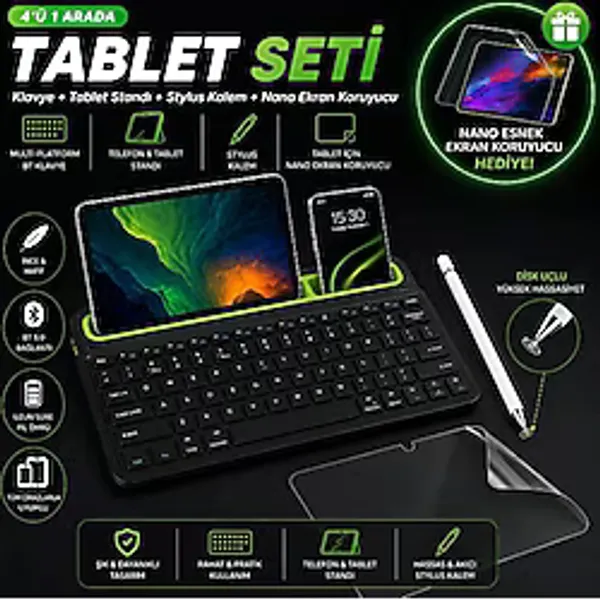 Jolita Samsung Galaxy Tab A11+ Plus X310 Uyumlu Set Standlı Bluetooth Klavye Stylus Kalem Ekran Koruyucu - Siyah