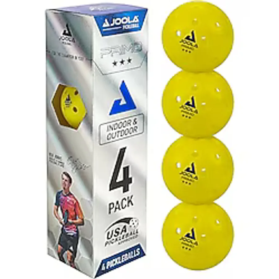 JOOLA Primo Pickleball Topları - 4'lü Paket 3 Yıldızlı Turnuva İç ve Dış Mekan Pickleball Topları - USAPA Onaylı - İdeal Ağırlıklı ve Hassas İşçilik 40 Delikli Tasarım Pickleball Resmi Boyut