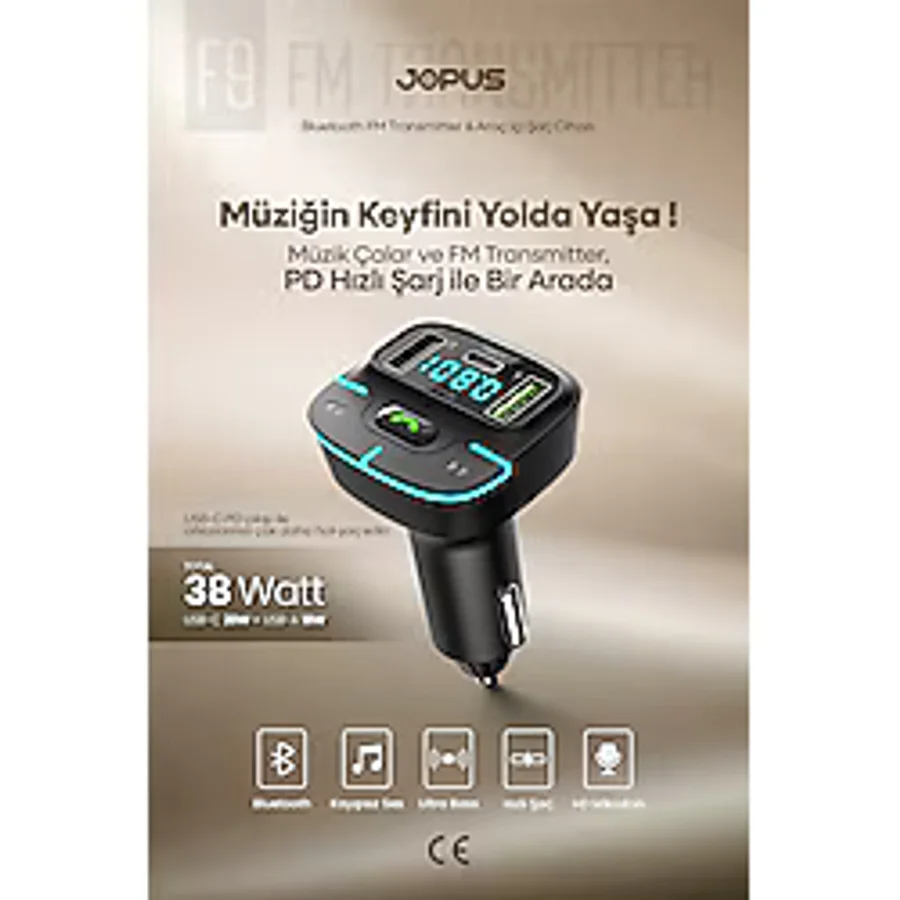 Jopus Bluetooth FM Transmitter Araç Kiti, Hızlı Şarj,USB, Type-C, HD Mikrofon
