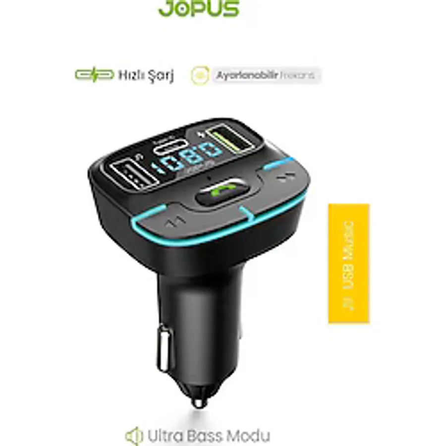 Jopus F9 Araç Fm Transmitter 5.3 Bluetooth Araç Kiti Usb Type-C Hızlı Şarj Çıkışlı Çakmaklık Girişli