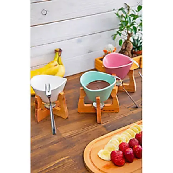 Joy Kitchen 3 Renk Fondü Seti Ahşap Stantlı Föndü Takımı - Renkli - 200 ml