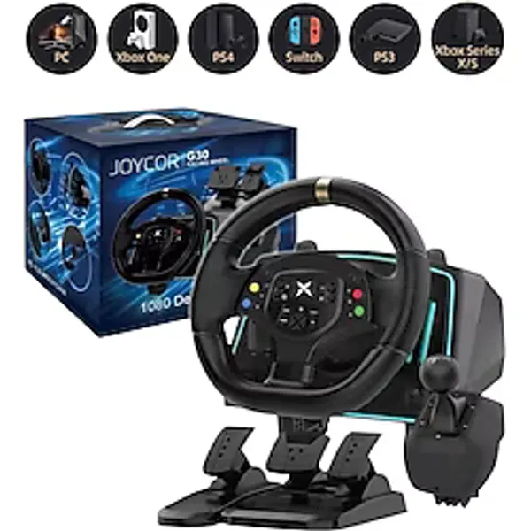 JOYCOR G30 Oyuncu Direksiyon Seti - PC, PS4, PS3, Xbox One S/X ,Switch Uyumlu, 6+1 Manuel Vitesli, Deri Kaplama Led Işıklı Hoparlörlü 1.080 Derece
