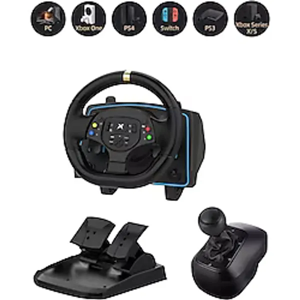 JOYCOR Oyuncu Direksiyon Seti - PC, PS4, PS3, Xbox One S/X ,Switch Uyumlu, Otomatik Vitesli, Deri Kaplama Led Işıklı Hoparlörlü 270 Derece