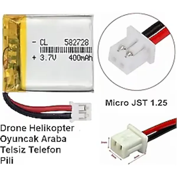 Jst Micro 1.25mm 400 Mah 3.7v Drone Helikopter Oyuncak Araba Telsiz Telefon Pili