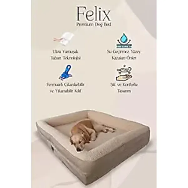 Jungolica Pet Felix, Visco Süngerli, Ultra Yumuşak, %100 Su Geçirmez Alezli, Konforlu Kedi Ve Köpek Yatağı Bej