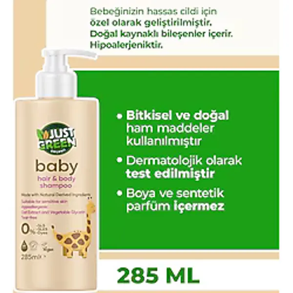 Just Green Organic Baby %100 Doğal Bebek Saç ve Vücut Şampuanı Göz Yakmayan, 285ML - Açık Kahverengi - 0 - 2 Yaş