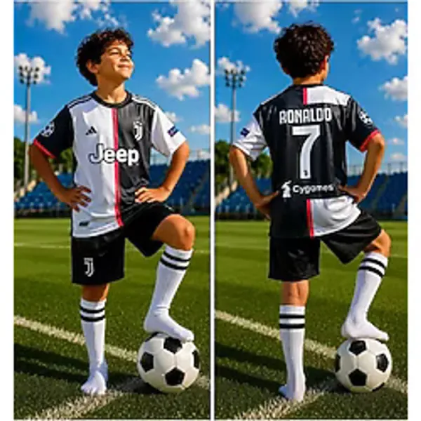 Juventus Cristiano Ronaldo Siyah Beyaz Futbol Çocuk Forması 2019 Sezon Iç Saha 4'Lü Set Forma + Short+Çorap+Bileklik