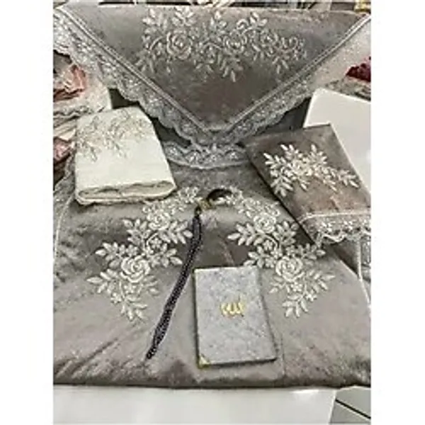 Kadife Seccade Takımı 6 Parça Fransız Güpürlü Bohça Seti - 70 x 120 cm - Gri