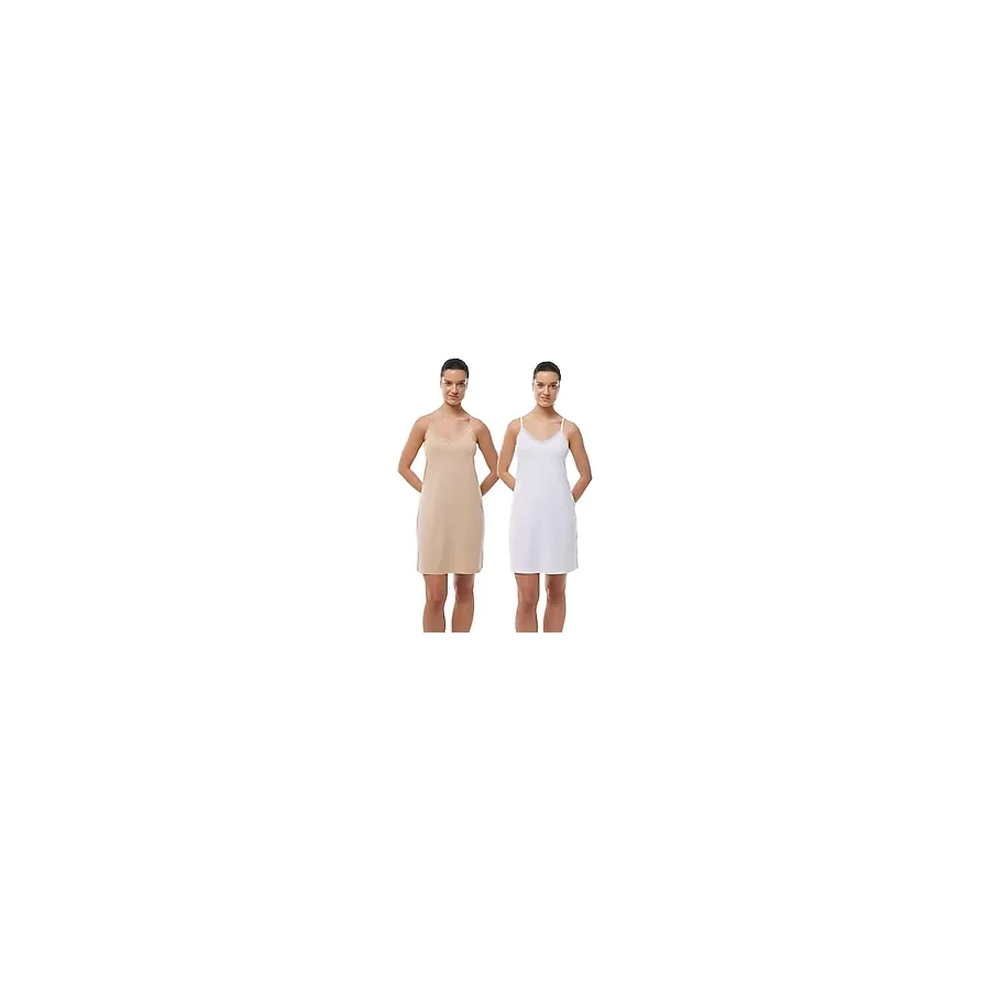 Kadın 2 li İnce Askılı Çift Yönlü Elbise Astarı Dantelli Modal Kombinezon 2M1047 (Beyaz-Ten Rengi, M)