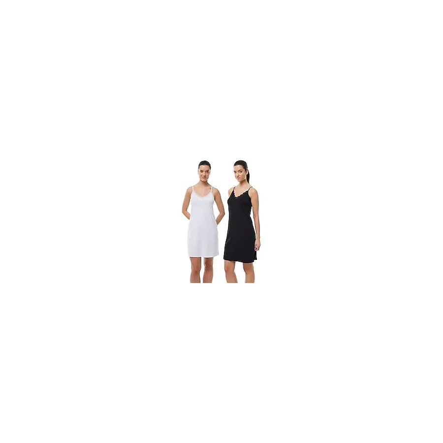 Kadın 2 li İnce Askılı Çift Yönlü Elbise Astarı Dantelli Modal Kombinezon 2M1047 (Siyah-Beyaz, 2XL)