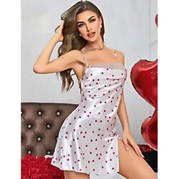 Kadın Beyaz Fuşya Kalp Desenli Saten Gecelik 2219