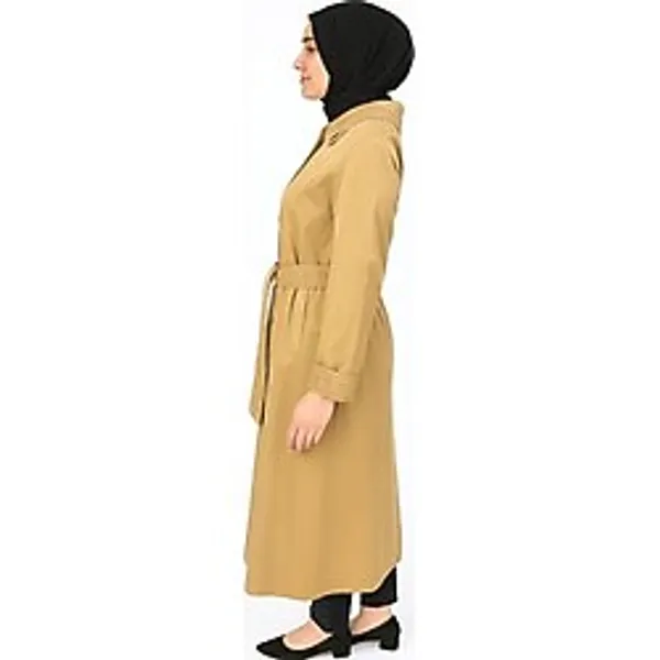 Kadın Camel Kemerli Uzun Kap - Şık Düğmeli Tesettür Dış Giyim - 44