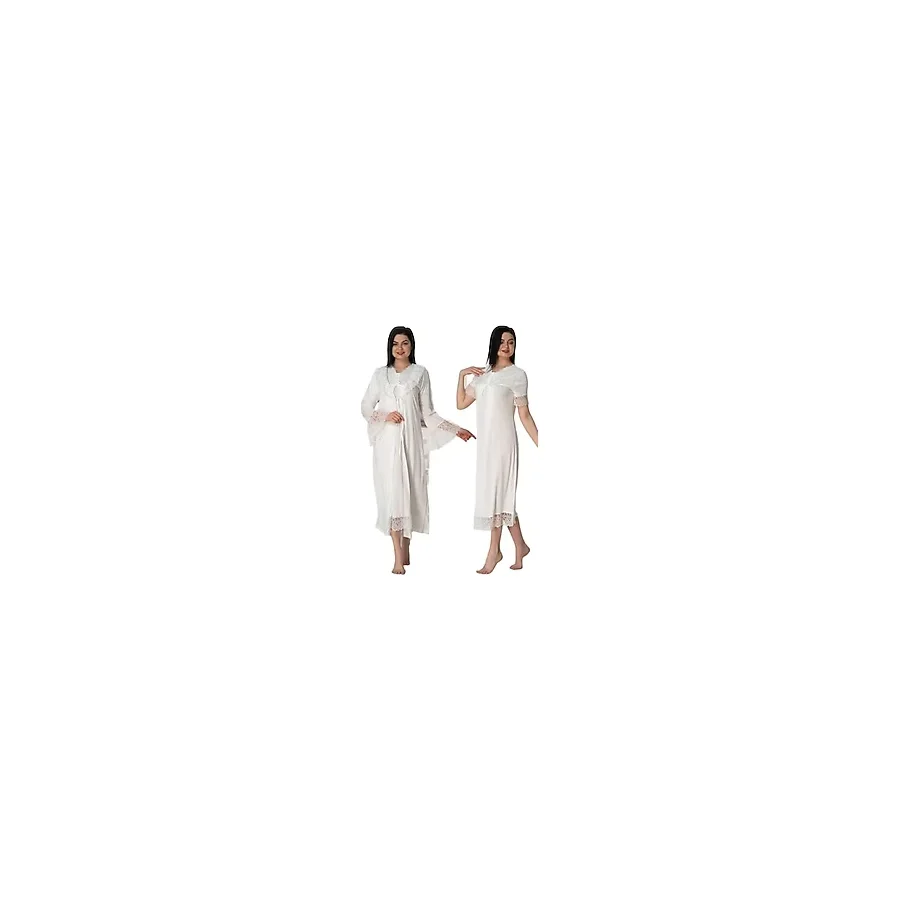 Kadın Ekru Dantelli Hamile Lohusa Sabahlıklı Gecelik Takım, L, HW5045EF-869BST0015268