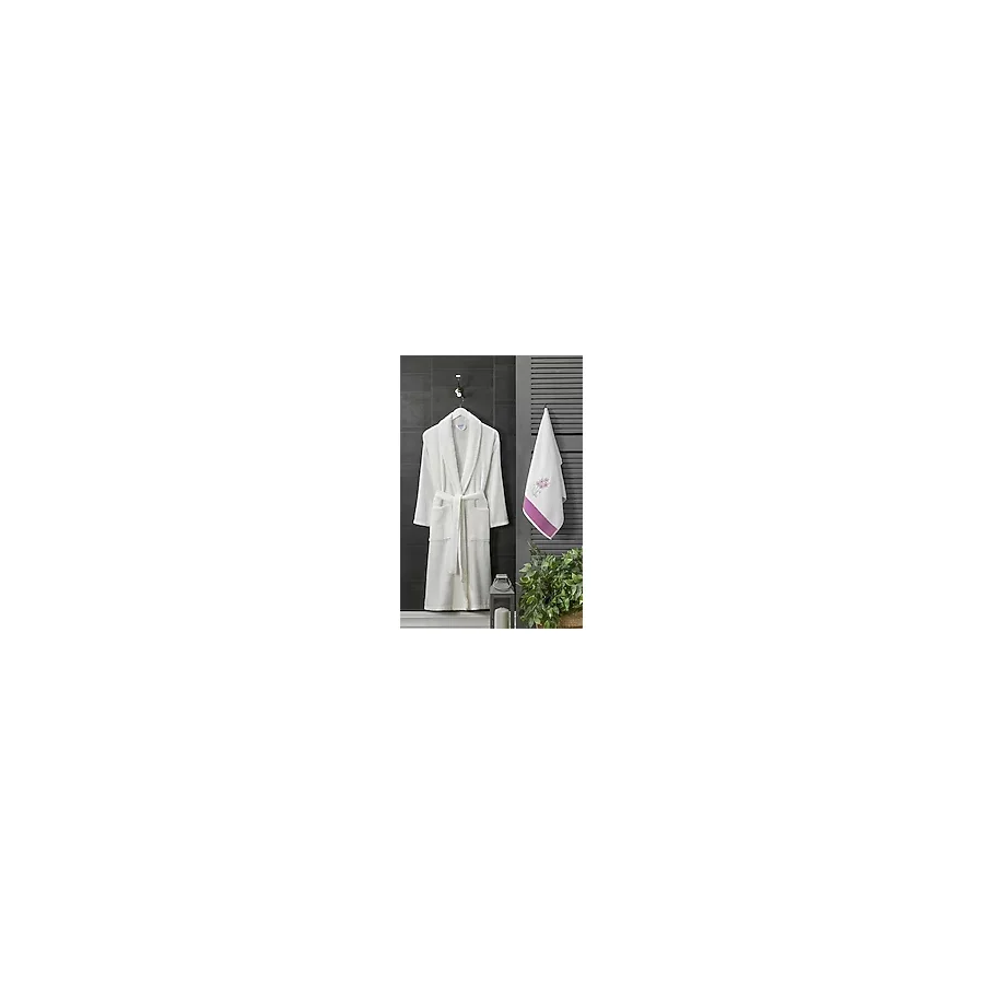 Kadın Havlulu Banyo Bornoz Takımı % 100 Pamuklu Beyaz L-XL