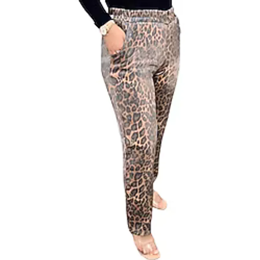 Kadın Leopar Desenli Parlak Dokuma Pantolon, Tesettür Giyim - Kahverengi Asel-F3085 / 42-44