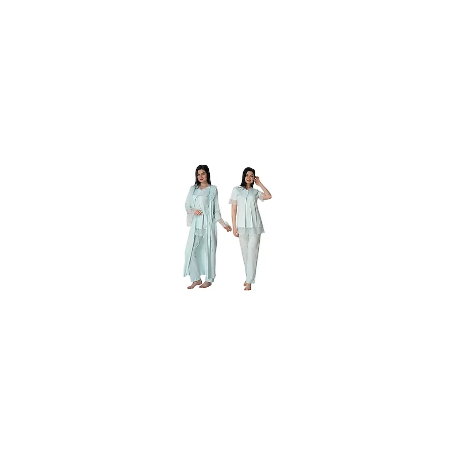 Kadın Mavi Hamile Lohusa Sabahlıklı Pijama Takımı 3'lü Set, 2XL, ES5044EF-89D0018310932