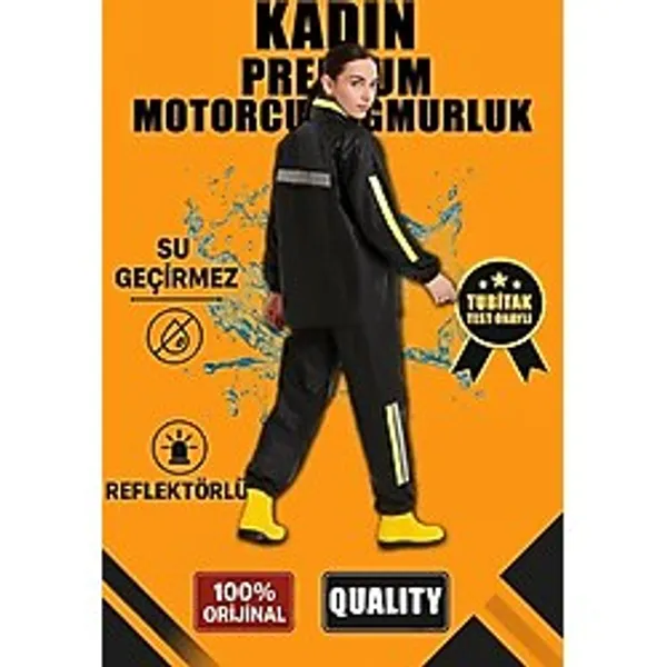 Kadın Premium Motorcu Kurye Yağmurluk Takım Su Geçirmez PVC Reflektörlü Siyah