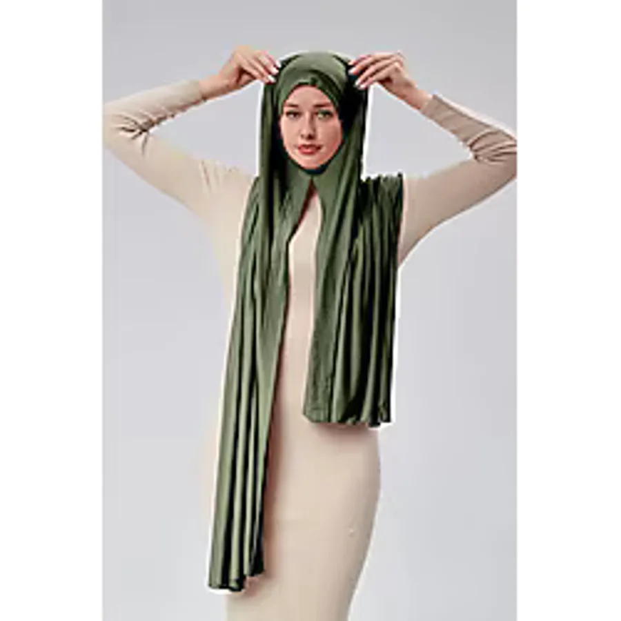 Kadın Tesettür Penye Şal Hazır Pratik Geçmeli Kolayca Takabilir Uzun Dört Mevsim Pamuklu Şal Haki