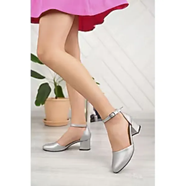 Kadın Topuklu Ayakkabı Abiye Stiletto Kalın Topuk Gelinlik Ayakkabisi - Gümüş - 37