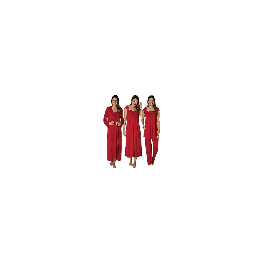 Kadın Vişne Pijama Takımı Gecelik Sabahlık Lohusa Hamile 4'lü Set, XL, B2305EF-19804IGP264108
