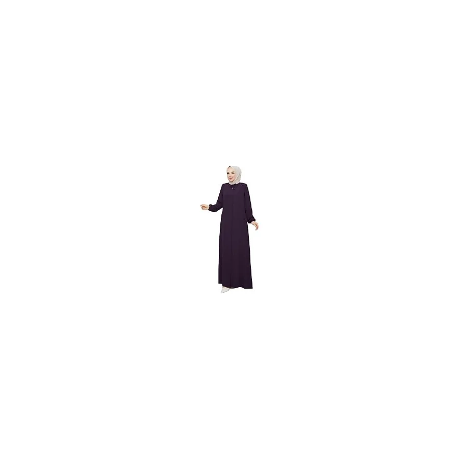 Kadınlar İçin Abaya Uzun Kollu Gizli Fermuarlı Siyah Cepli Müslüman Elbise (Mor, 44)