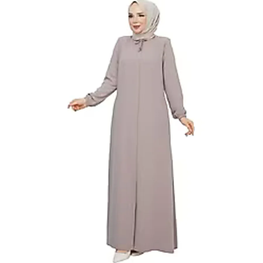 Kadınlar İçin Abaya Uzun Kollu Gizli Fermuarlı Siyah Cepli Müslüman Elbise (Bej, 58)
