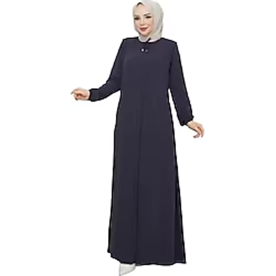 Kadınlar İçin Abaya Uzun Kollu Gizli Fermuarlı Siyah Cepli Müslüman Elbise (Gri, 40)