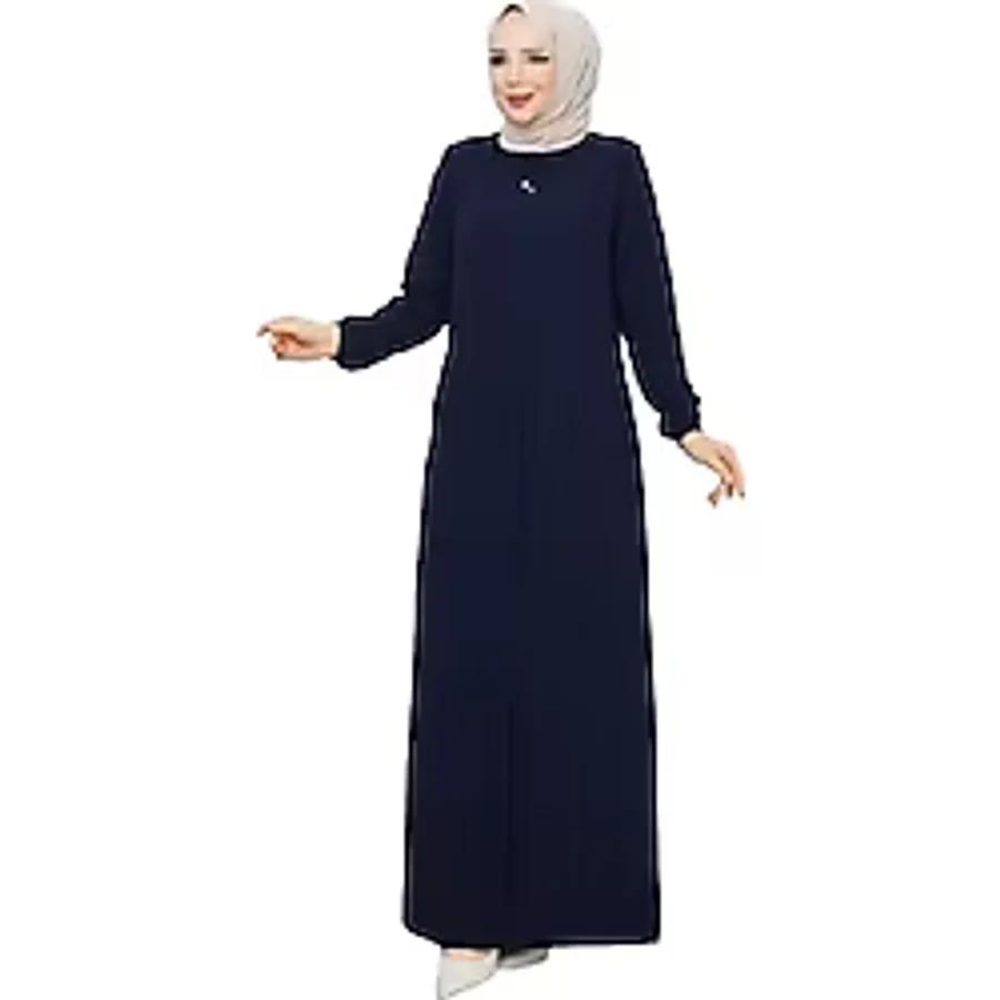 Kadınlar İçin Abaya Uzun Kollu Gizli Fermuarlı Siyah Cepli Müslüman Elbise (Lacivert, 54)