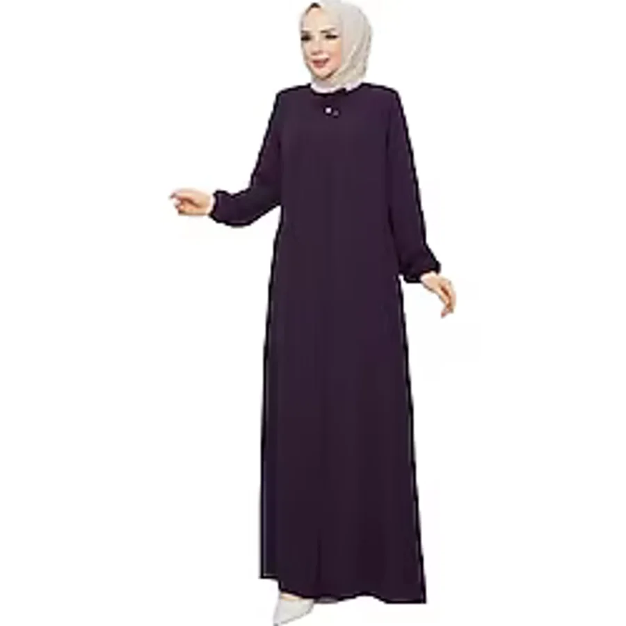Kadınlar İçin Abaya Uzun Kollu Gizli Fermuarlı Siyah Cepli Müslüman Elbise (Mor, 38)