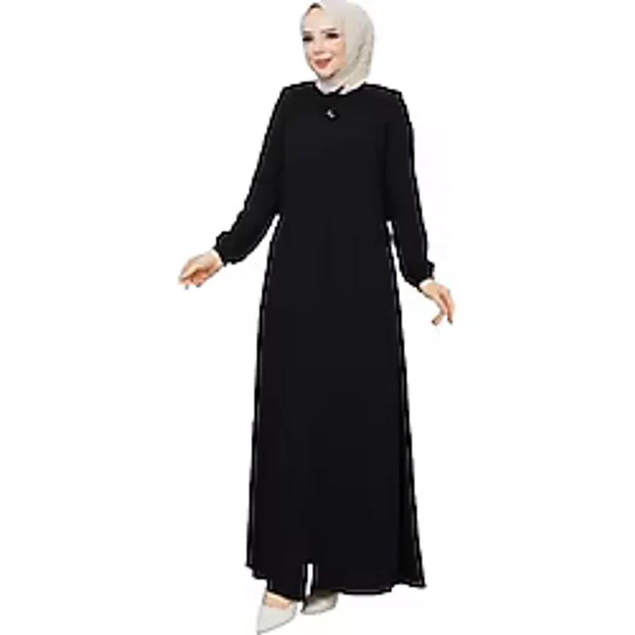 Kadınlar İçin Abaya Uzun Kollu Gizli Fermuarlı Siyah Cepli Müslüman Elbise (Siyah, 48)