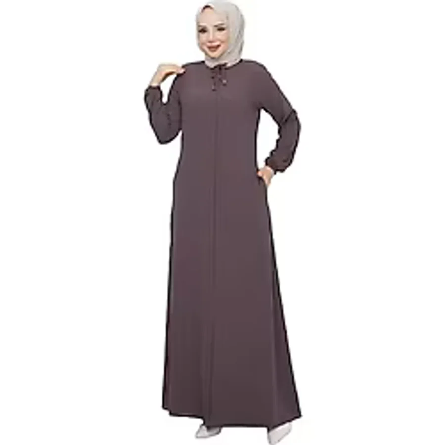 Kadınlar İçin Abaya Uzun Kollu Gizli Fermuarlı Siyah Cepli Müslüman Elbise (Vizon, 44)