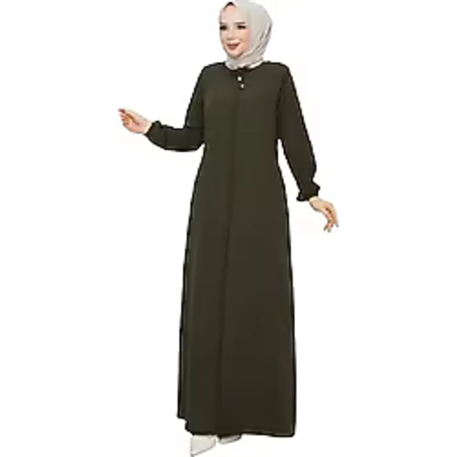 Kadınlar İçin Abaya Uzun Kollu Gizli Fermuarlı Siyah Cepli Müslüman Elbise (Yeşil, 42)