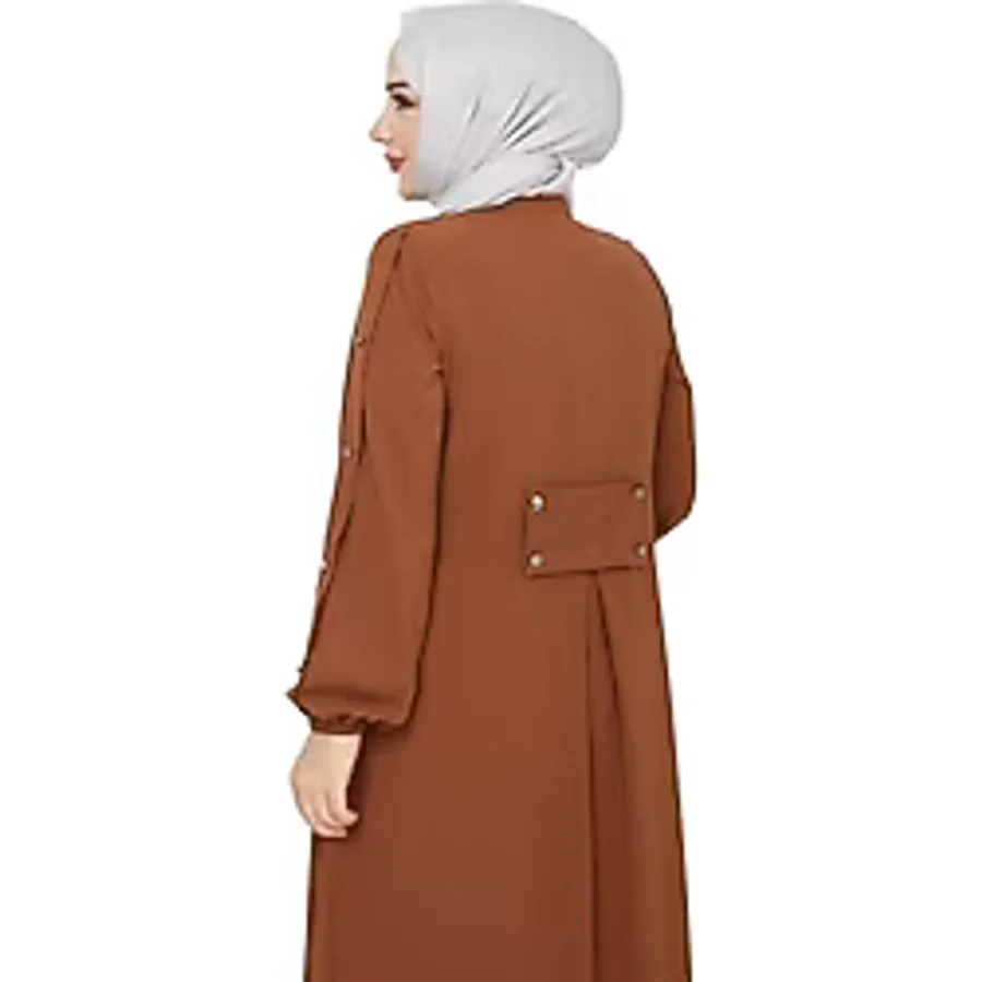 Kadınlar İçin Abaya Uzun Kollu Kol Düğme Detaylı Gizli Fermuarlı Gizli Cepli Müslüman Elbise (Kiremit, 54)
