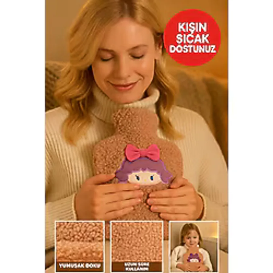 Kahverengi Peluş Sıcak Su Torbası - Yumuşak, Güvenli ve Şık Saçlı Kız Model, 1 Litre