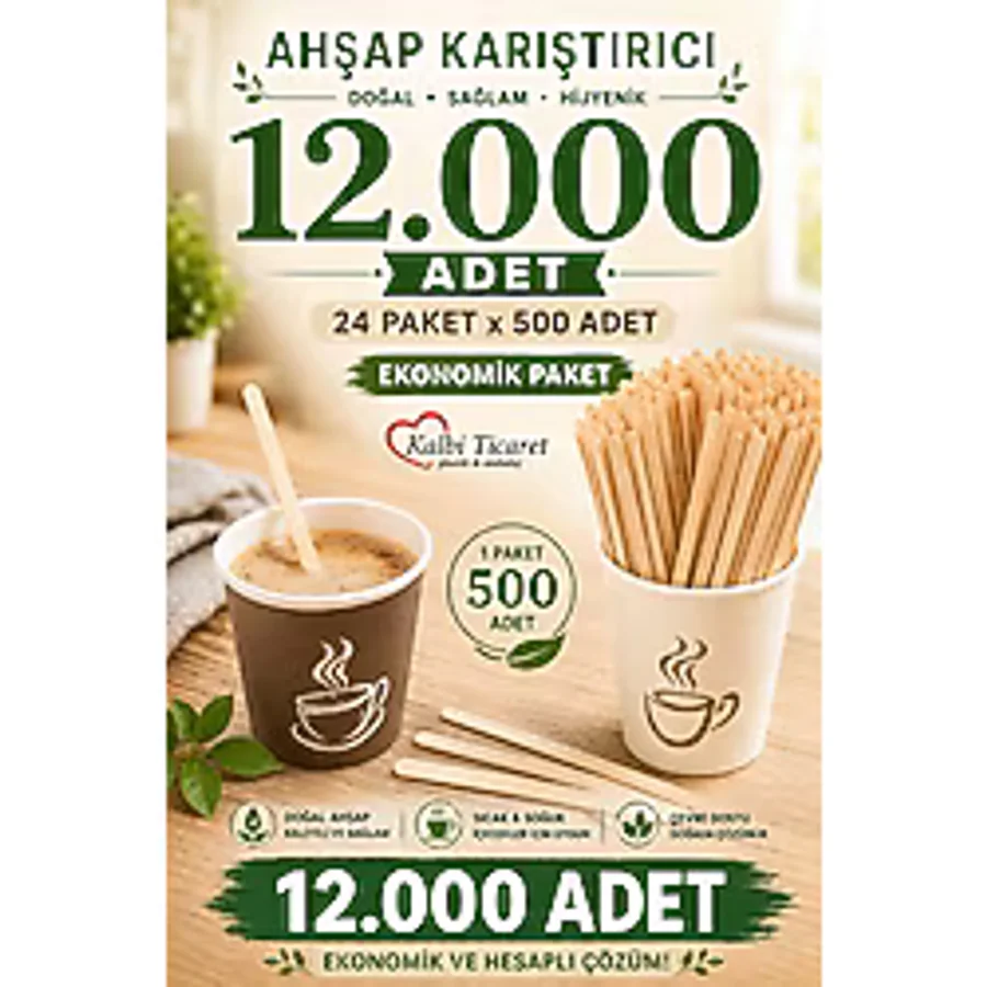 Kalbi Ticaret Ahşap Karıştırıcı 500'lü x 24 Adet Çay Kahve Karıştırma Çubuğu Tahta Karıştırıcı Tahta Kaşık - 12000 Adet
