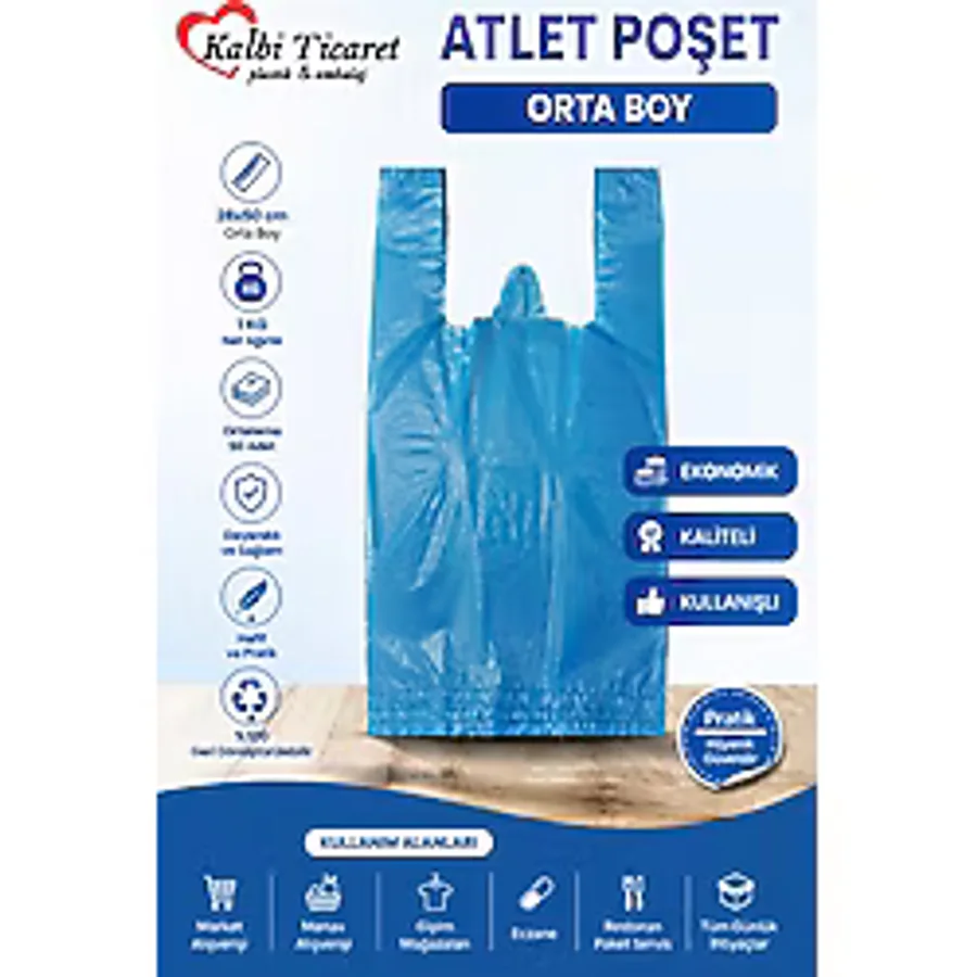 Kalbi Ticaret Kalın Mavi Poşet Orta Boy 1 Kg Hışır Atlet Poşet Market Manav Poşeti Çöp Poşeti