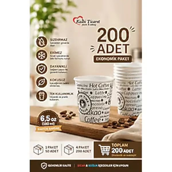Kalbi Ticaret Karton Bardak 6,5 Oz 200'LÜ Sızdırmaz Erimez Kokusuz Kullan At Bardak Kağıt Bardak